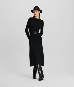 LONG-SLEEVED BELTED KNIT DRESS