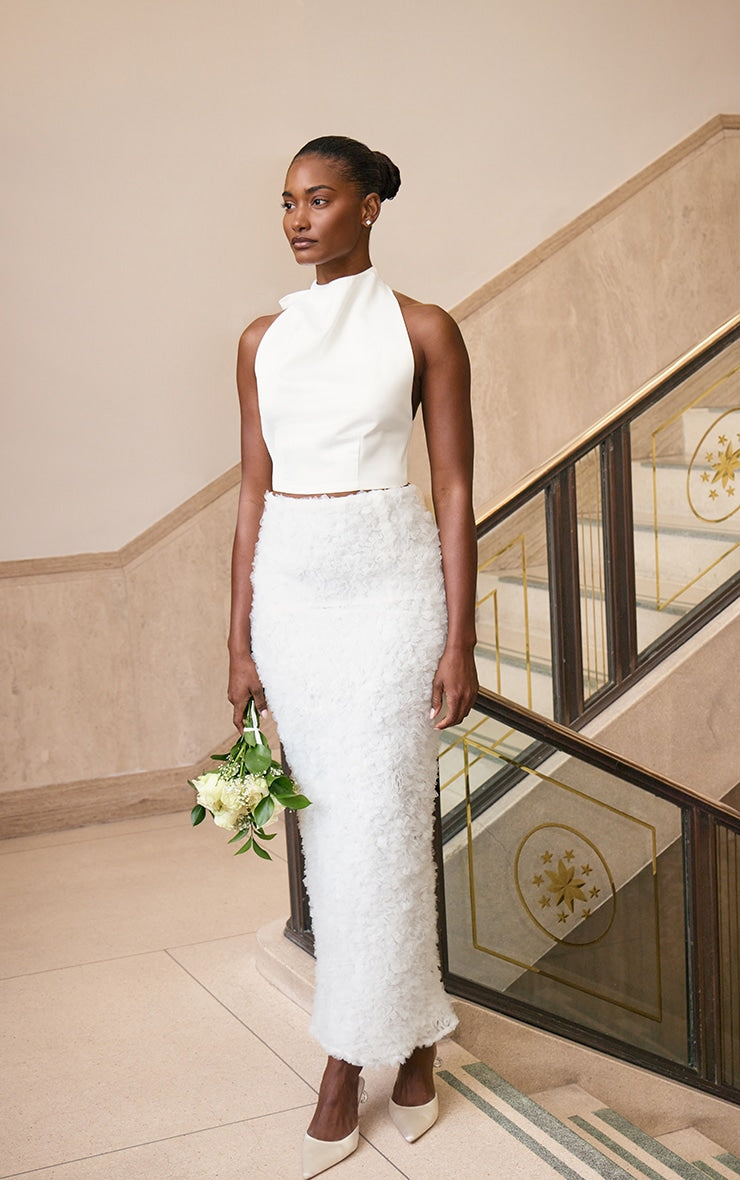 Premium White Tulle Floral Ruffle Detail Maxi Skirt