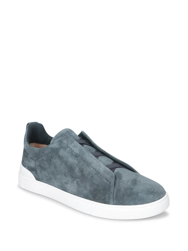 Zegna Men’s Teal Blue Suede Slip-On Sneakers – Triple Stitch Closure & White Rubber Sole