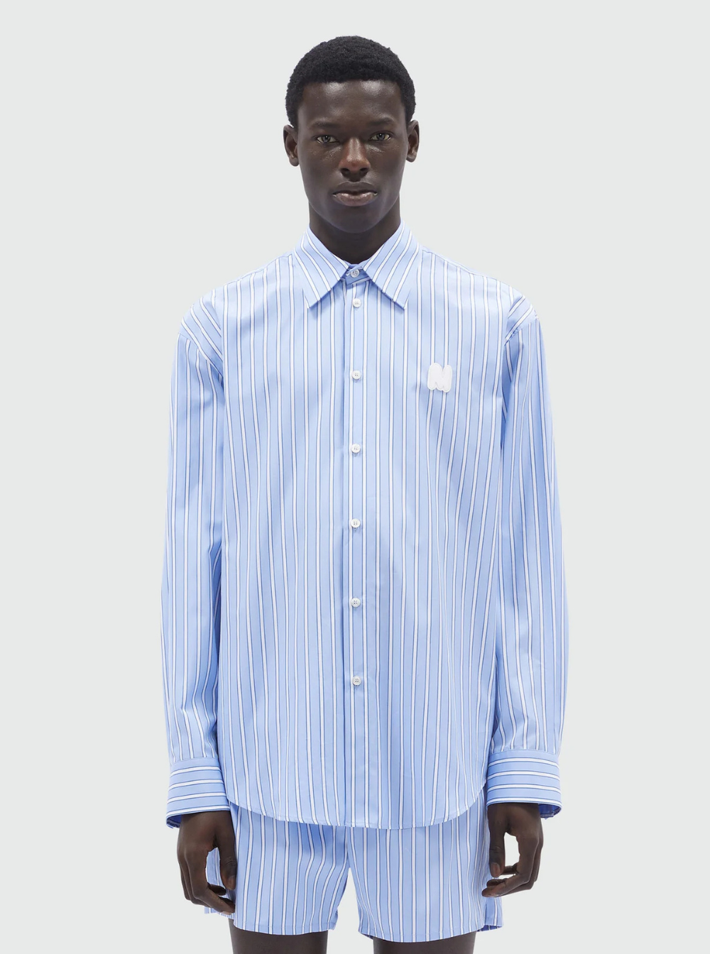 Msgm Light Blue Shirt with All-Over Striped Motif and Logo on the Front in Cotton Man