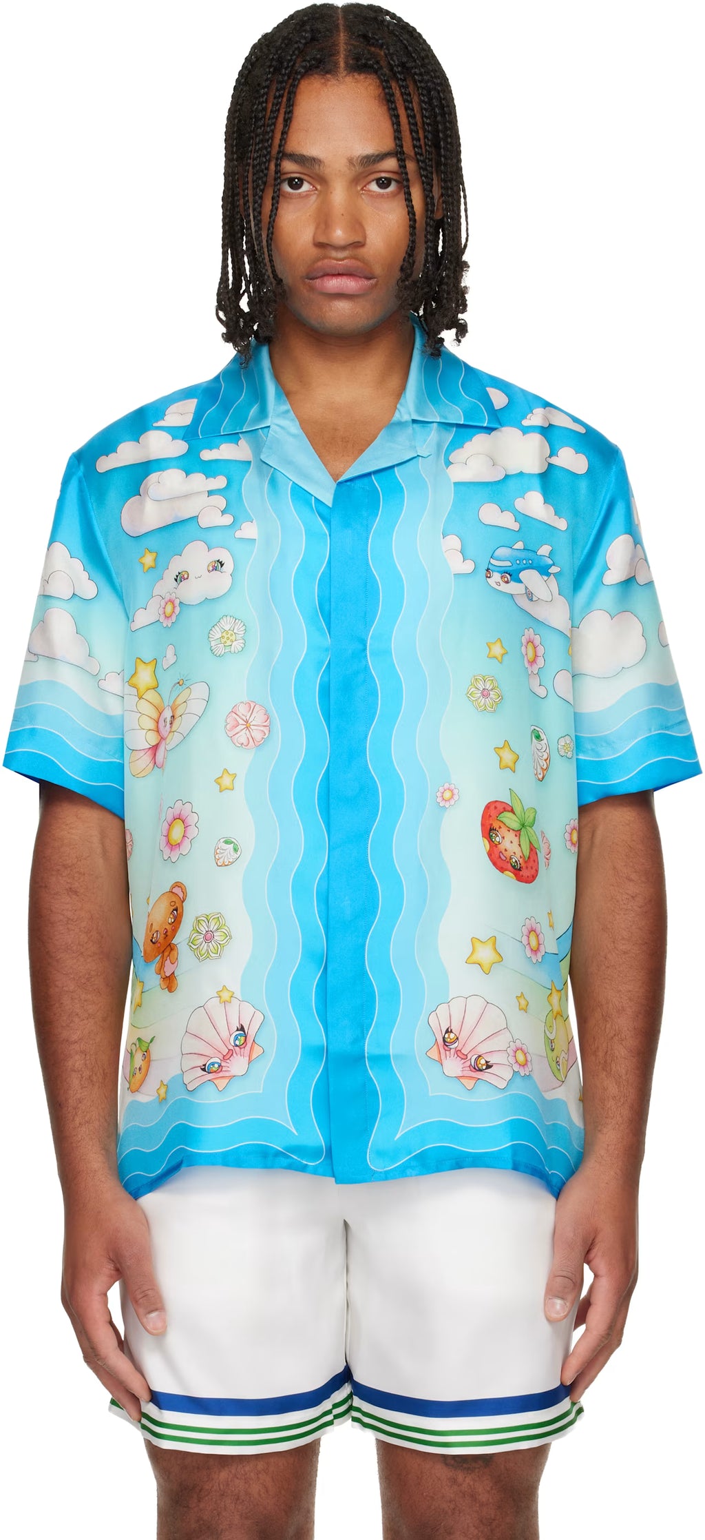 Blue Kawaii Motif Short Sleeve Silk Twill Shirt