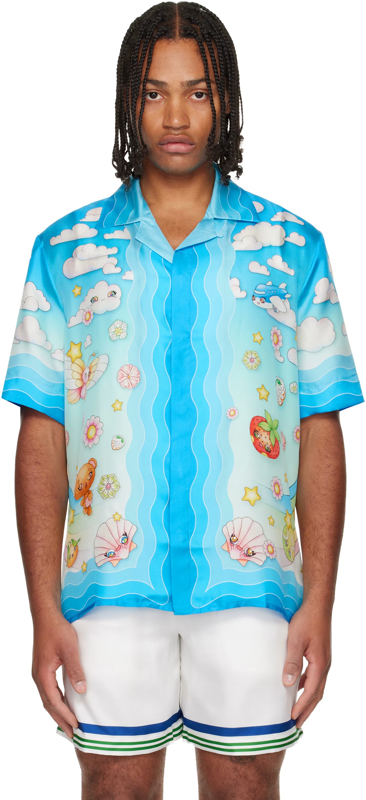 Blue Kawaii Motif Short Sleeve Silk Twill Shirt