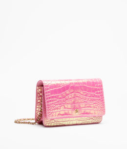 Wallet On Chain Crocodile Embossed Iridescent Calfskin & Gold-Tone Metal  Pink