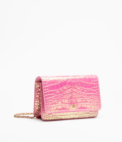 Wallet On Chain Crocodile Embossed Iridescent Calfskin & Gold-Tone Metal  Pink