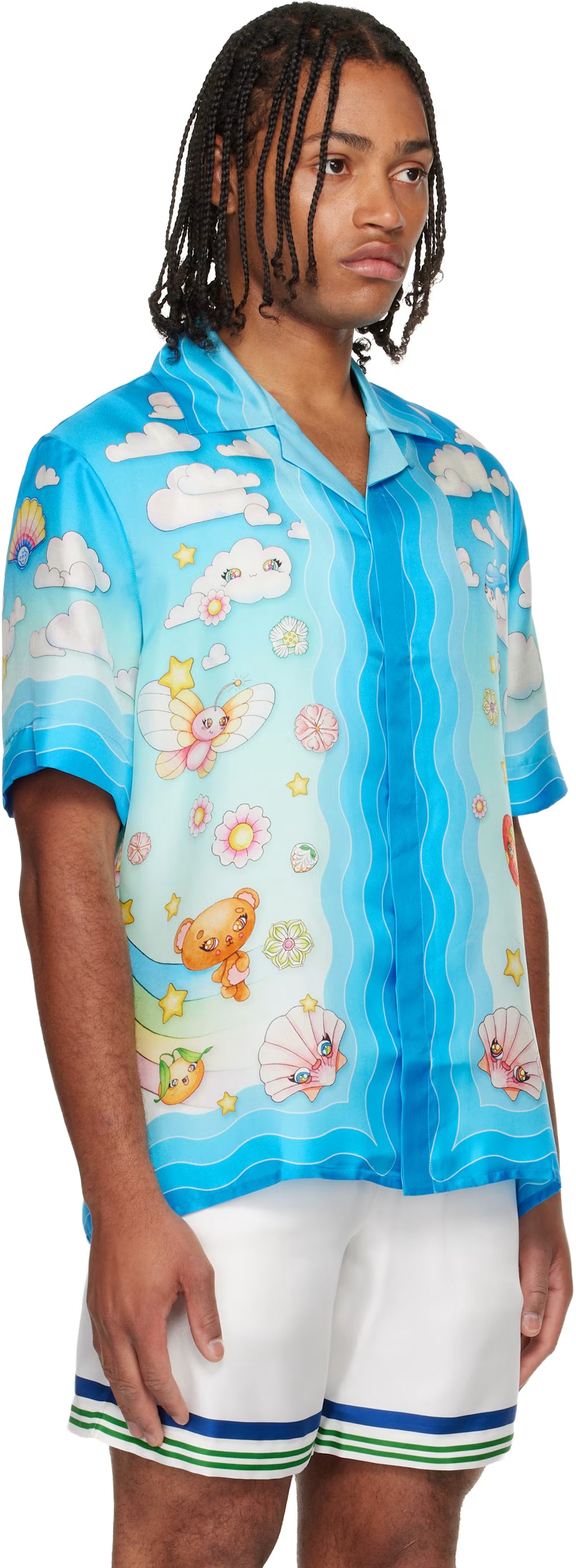 Blue Kawaii Motif Short Sleeve Silk Twill Shirt