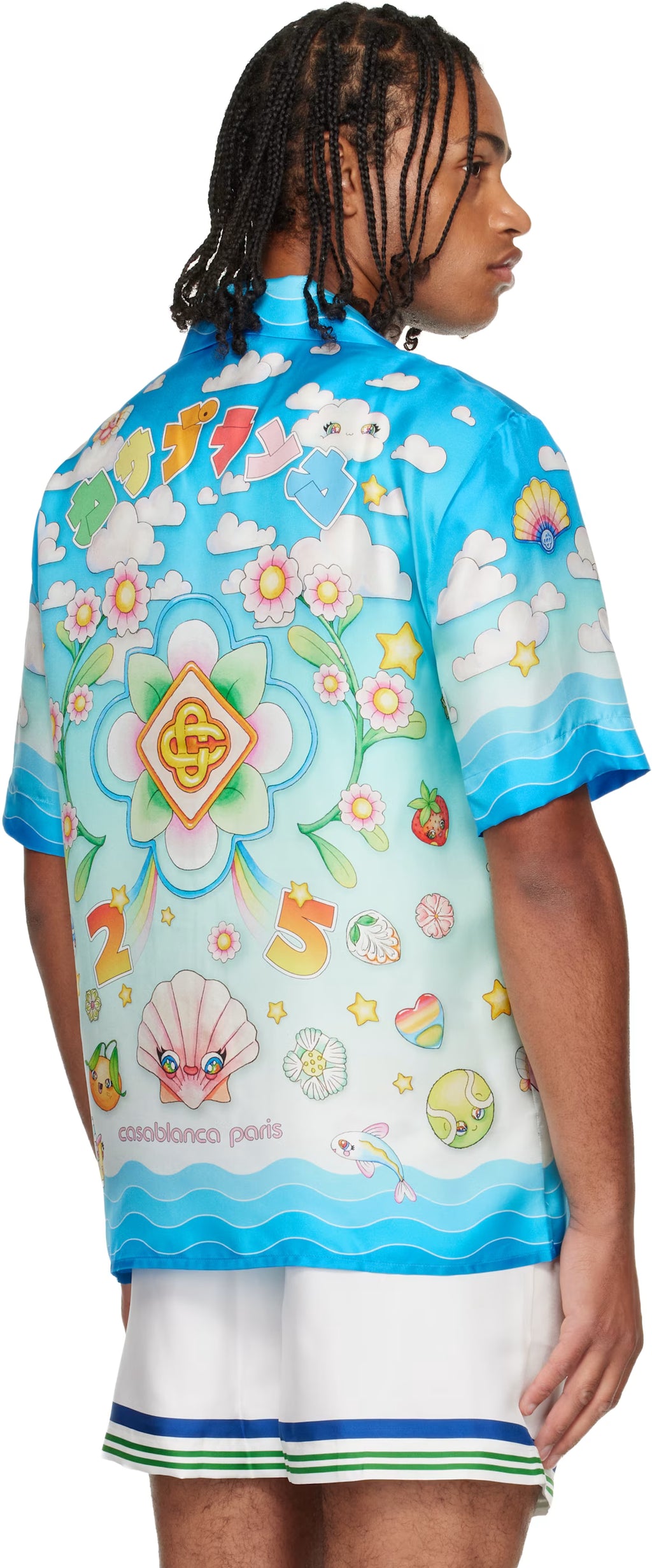 Blue Kawaii Motif Short Sleeve Silk Twill Shirt