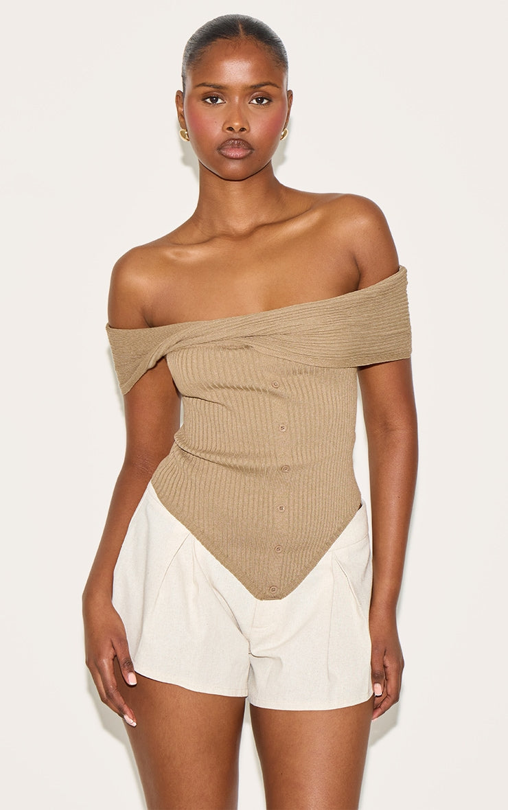 Taupe Rib Knit Twist Bardot Button Through Top