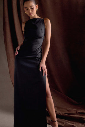 Violet Sleeveless Satin Maxi Dress - Black