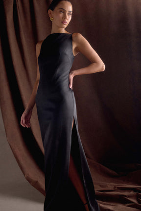 Violet Sleeveless Satin Maxi Dress - Black