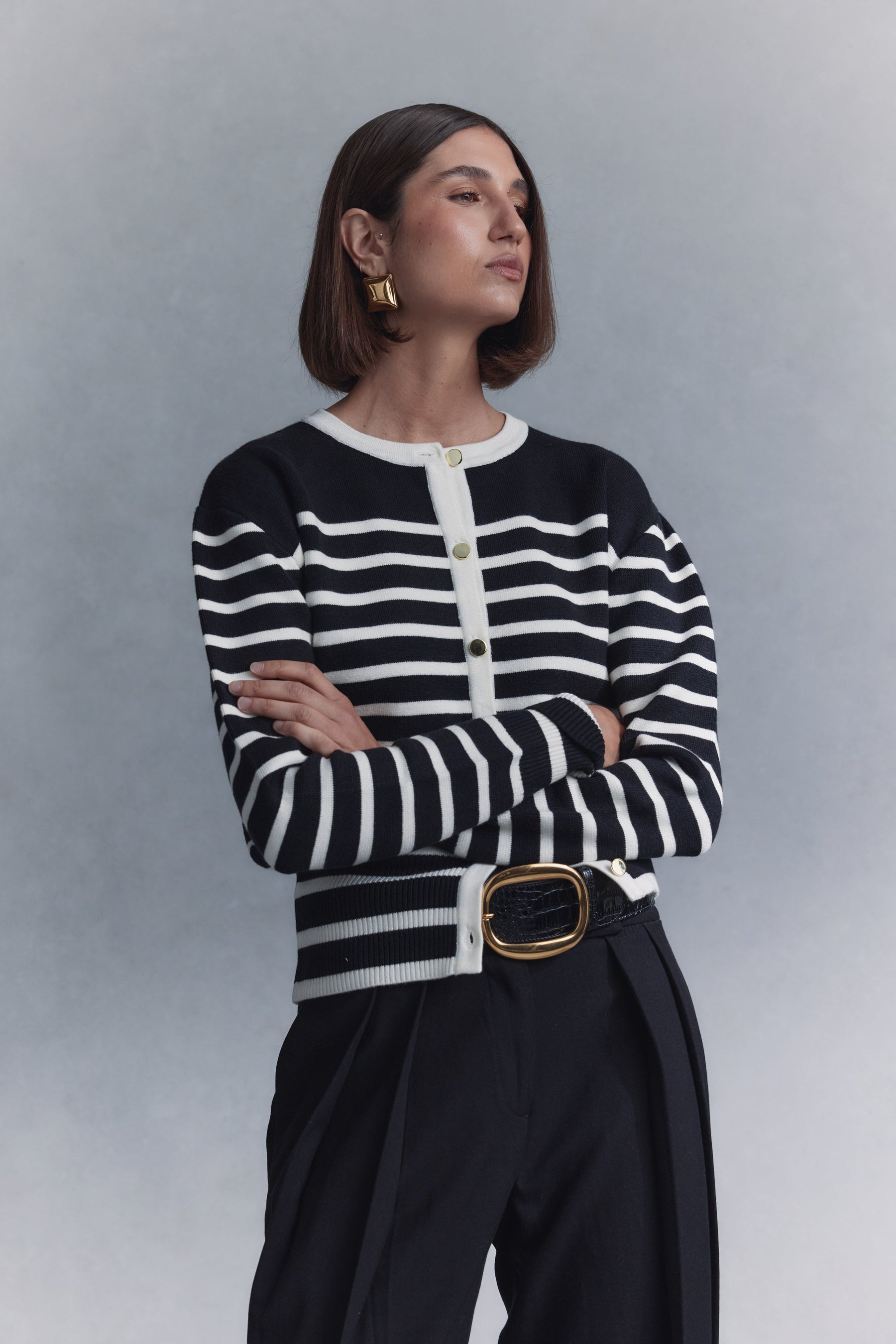 Talia Stripe Knit Cardigan - Black/White