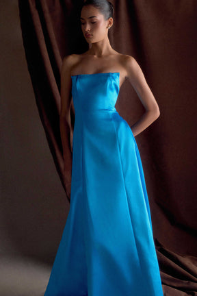 Rosella Satin Strapless Maxi Dress - Cyan Blue