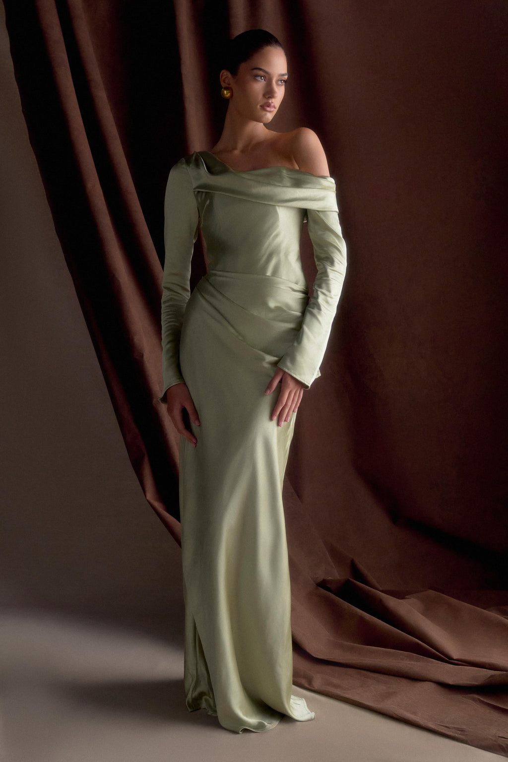 Iris Long Sleeve Satin Maxi Dress - Sage