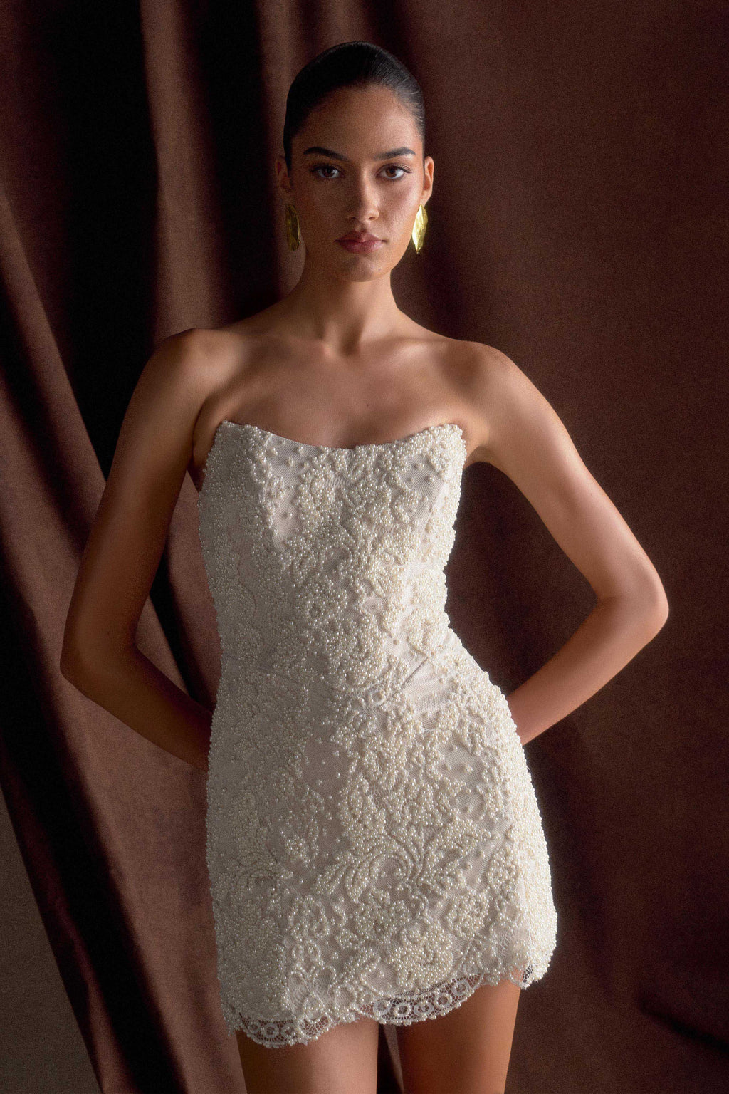 Eva Hand Beaded Pearl & Lace Mini Dress - White