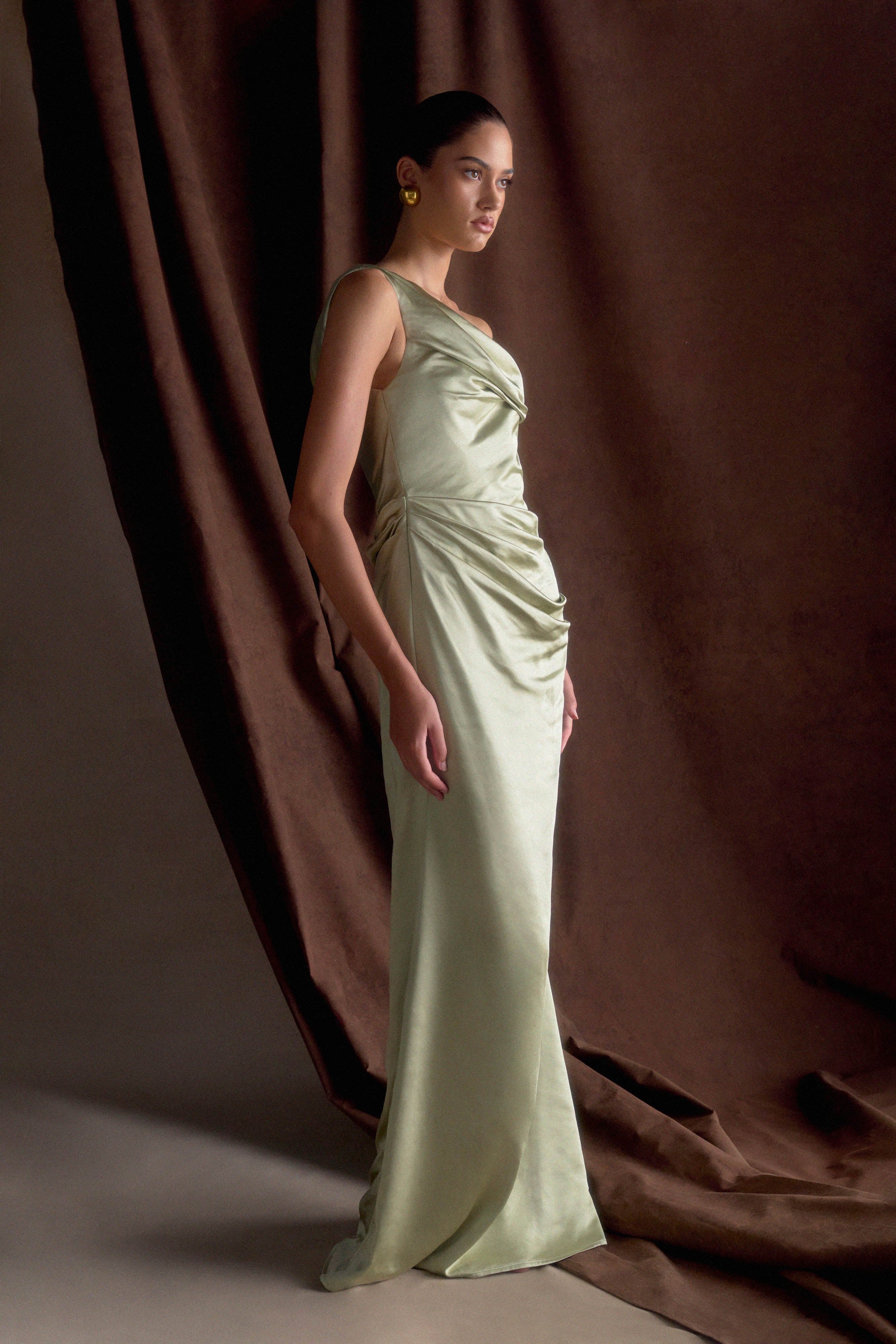 Dalia Off Shoulder Satin Maxi Dress - Sage