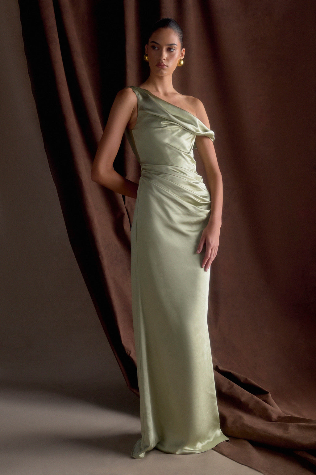 Dalia Off Shoulder Satin Maxi Dress - Sage