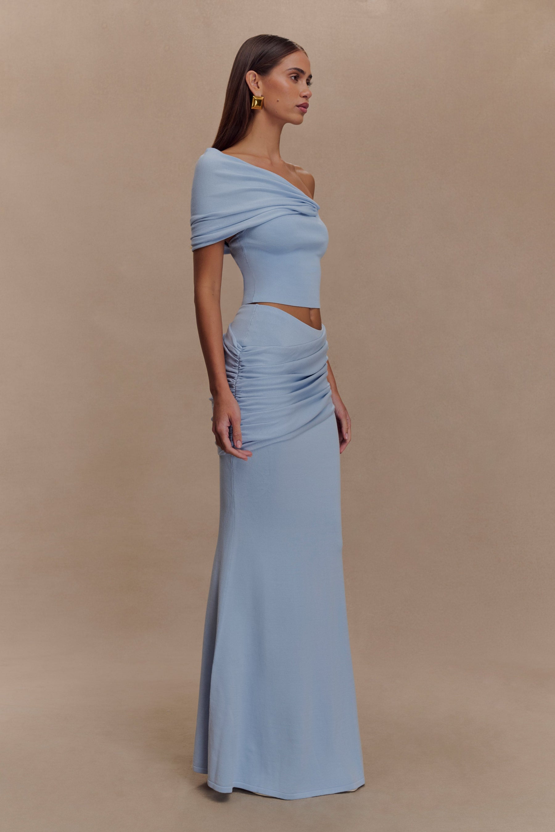 Irene Gathered Knit Maxi Skirt - Blue