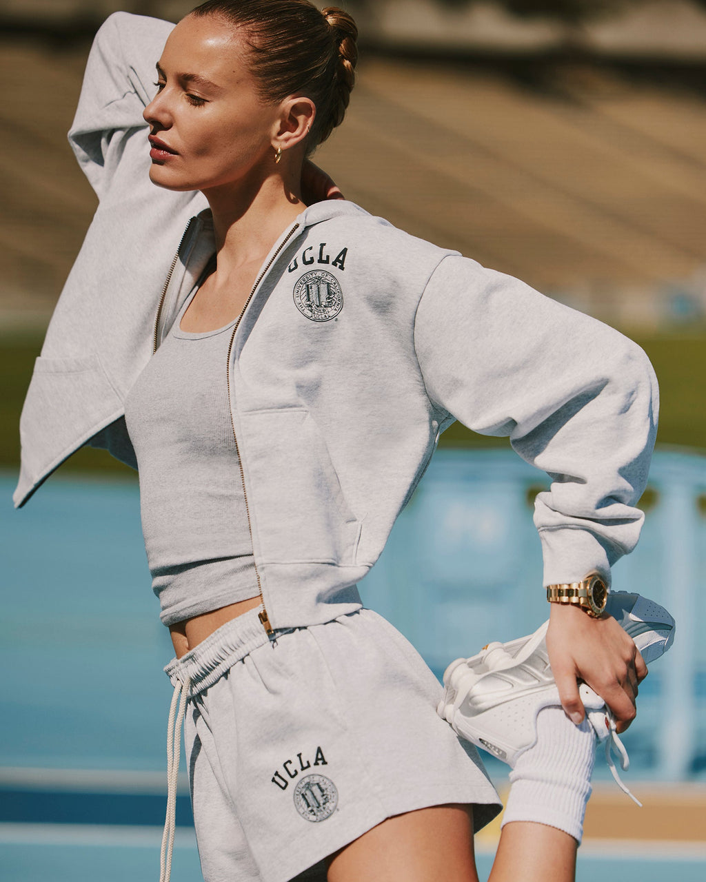 UCLA Crest Cropped Zip Hoodie - Heather Gray/Navy