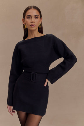 Kassie Belt Tie Knit Mini Dress - Black