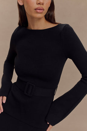 Justine Belted Knit Top - Black