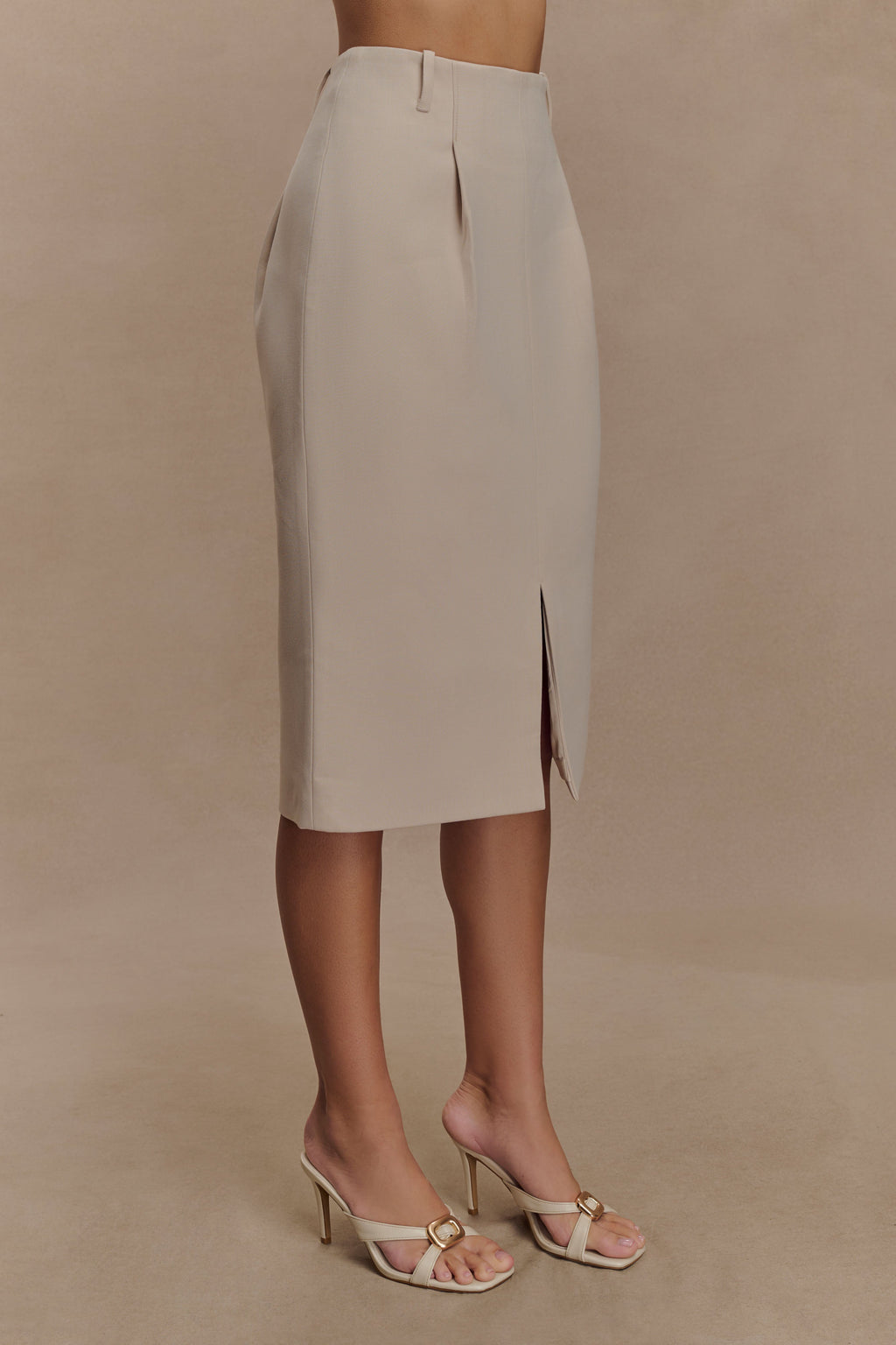 Vera Suiting Split Front Midi Skirt - Ivory Stone