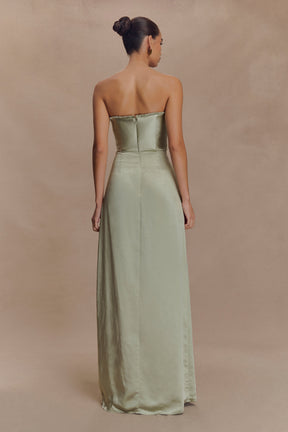 Larissa Satin Maxi Dress With Ruched Petals - Sage