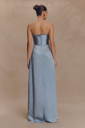 Larissa Satin Maxi Dress With Ruched Petals - Frosted Blue