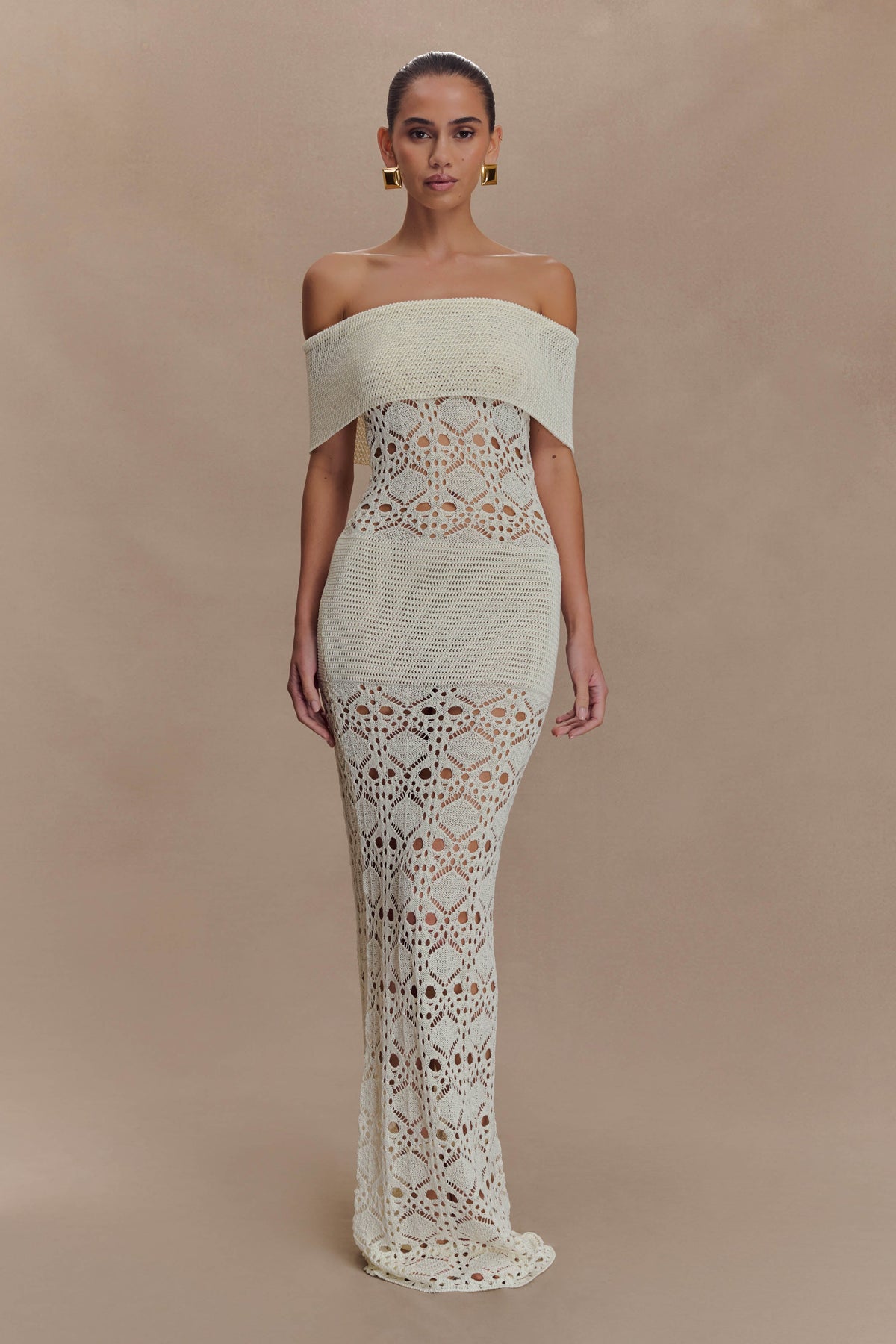 Solstice Off Shoulder Crochet Knit Maxi Dress - Ivory