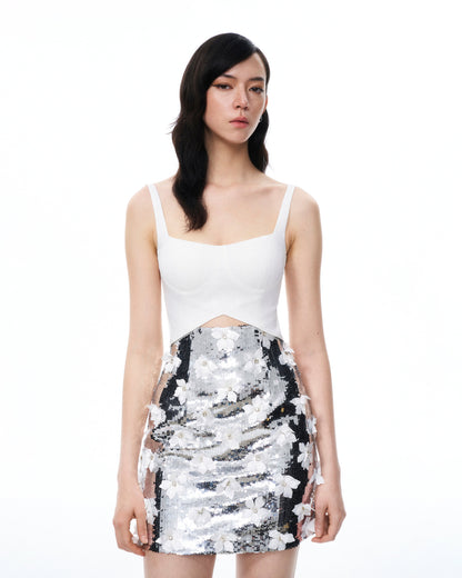Arabella 3D Floral Sequin Embroidered Mini Dress - White