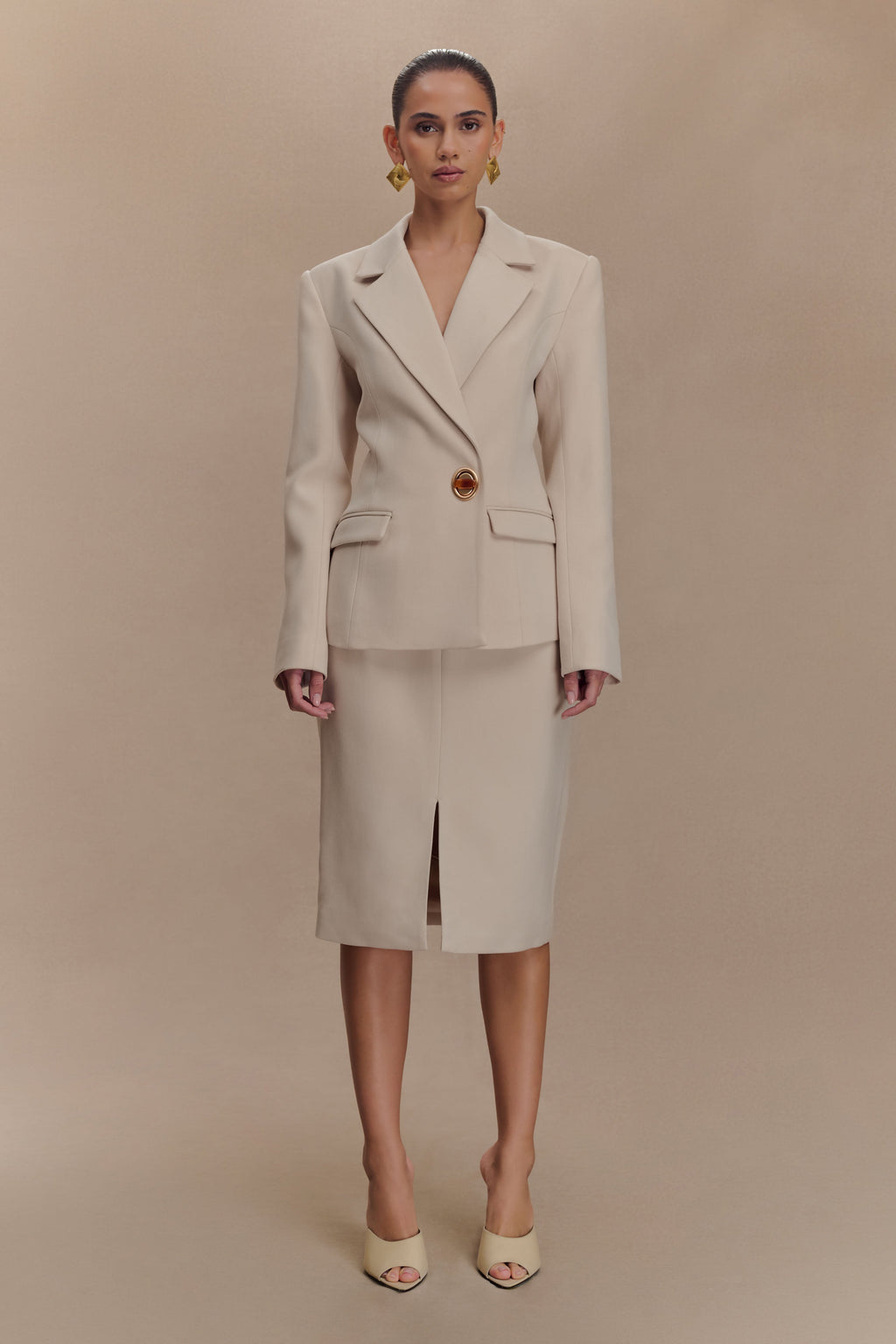 Vera Suiting Split Front Midi Skirt - Ivory Stone