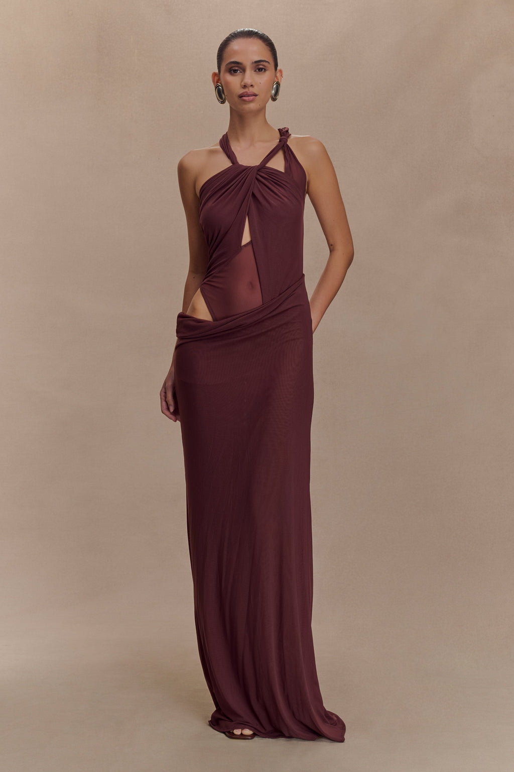 Edwina Knotted Mesh Maxi Dress - Mahogany