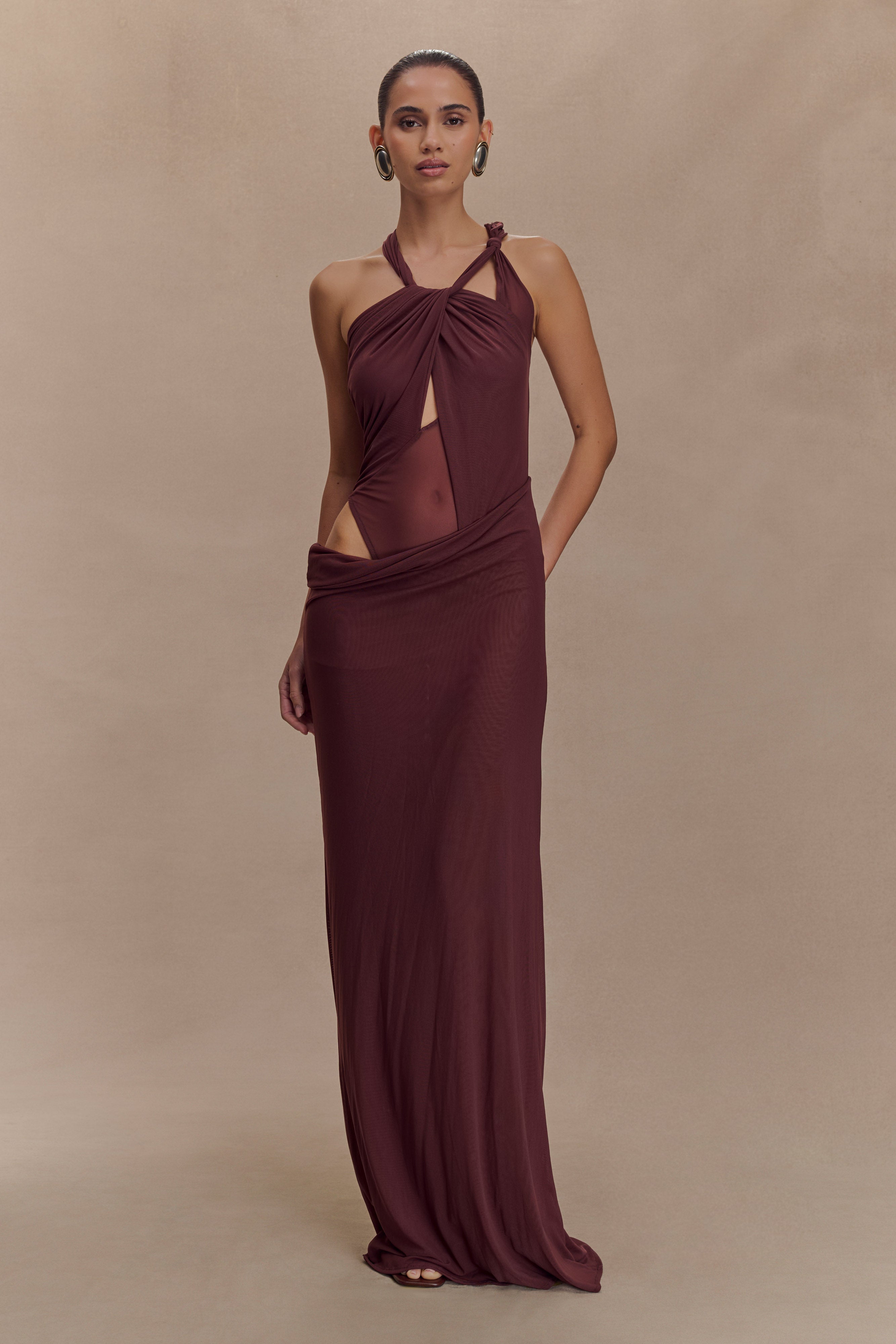 Edwina Knotted Mesh Maxi Dress - Mahogany