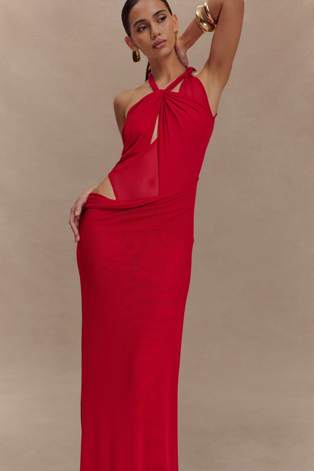 Edwina Knotted Mesh Maxi Dress - Red