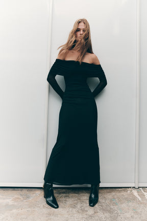 Josie Off Shoulder Mesh Maxi Dress - Black