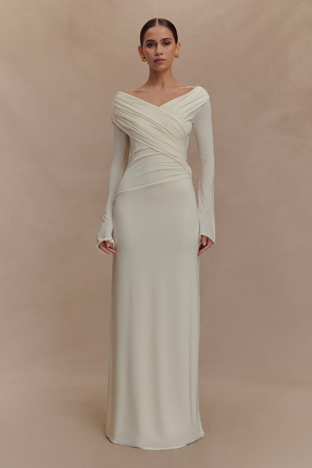 Therese Off Shoulder Ruched Maxi Dress - Ivory