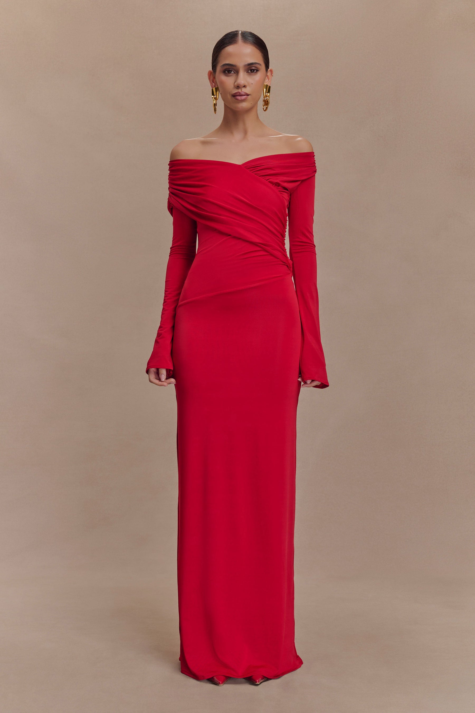 Therese Off Shoulder Ruched Maxi Dress - Red
