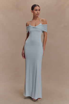 Bernadina Mesh And Slinky Halter Maxi Dress - Pale Blue