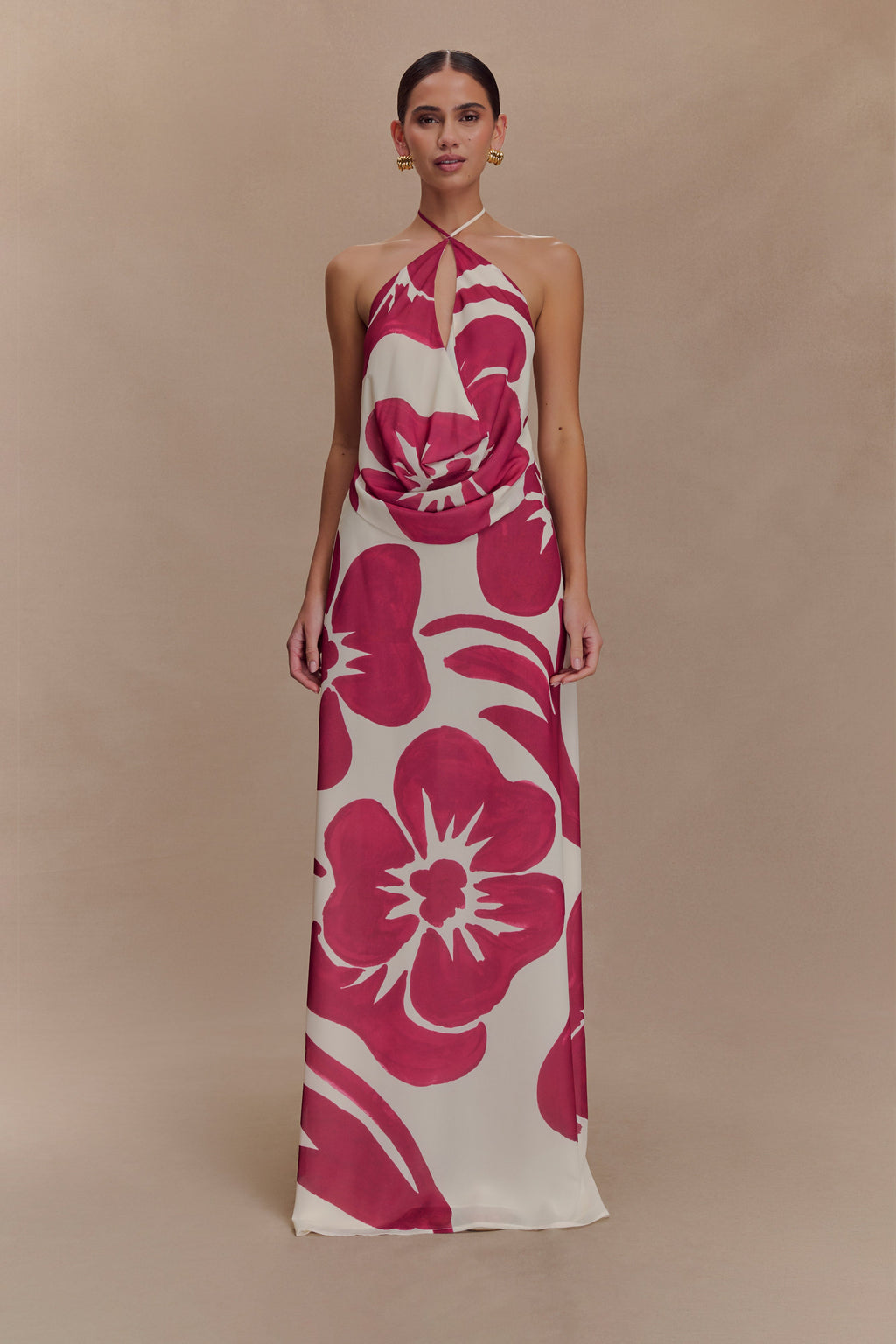 Katalina Chiffon Cowl Halter Top - Red Deco Fleur Print