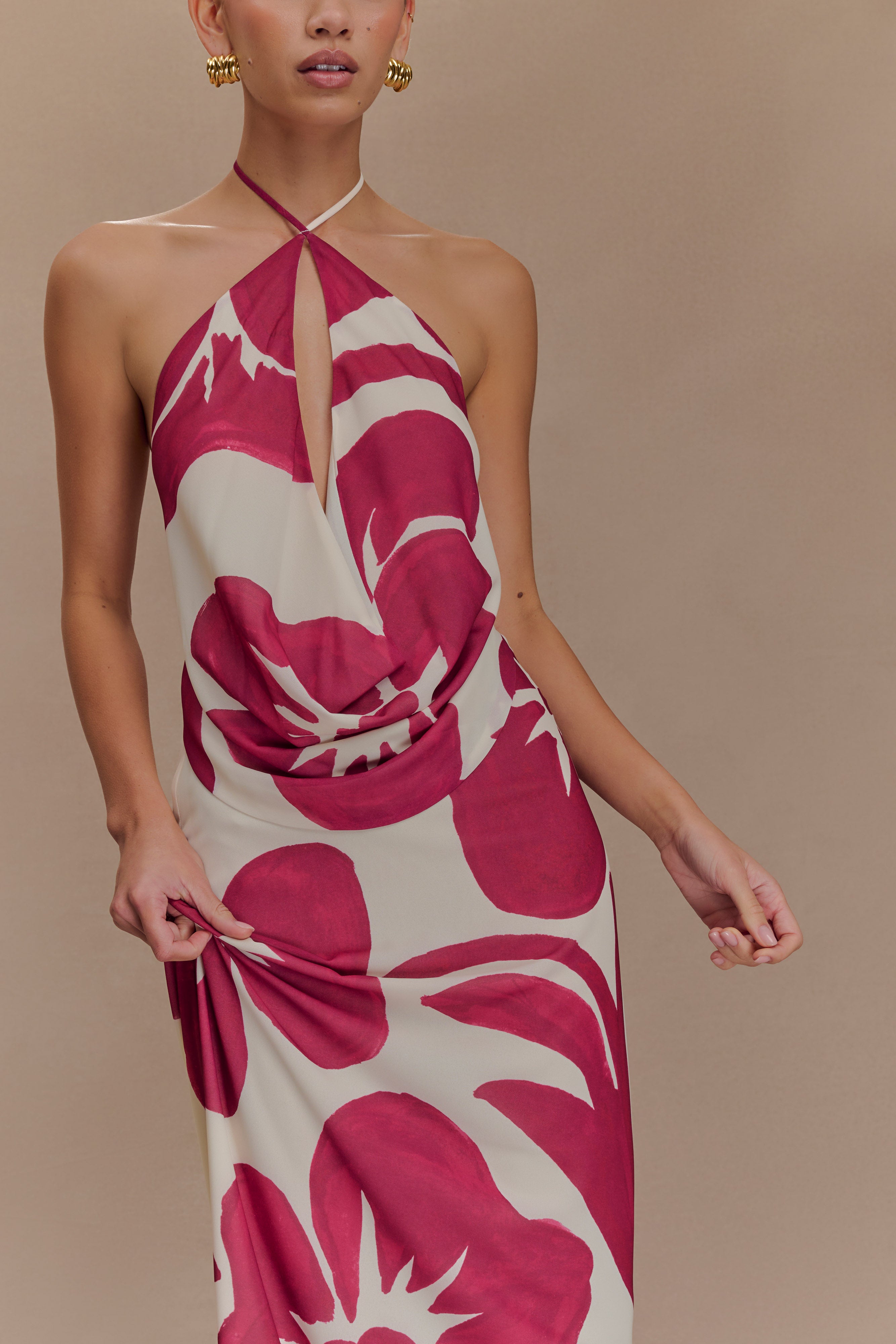 Katalina Chiffon Cowl Halter Top - Red Deco Fleur Print