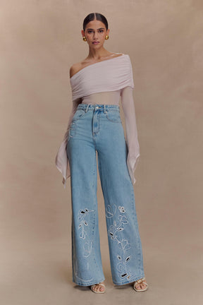 Carmella Embroided Straight Leg Jeans - Mid Blue