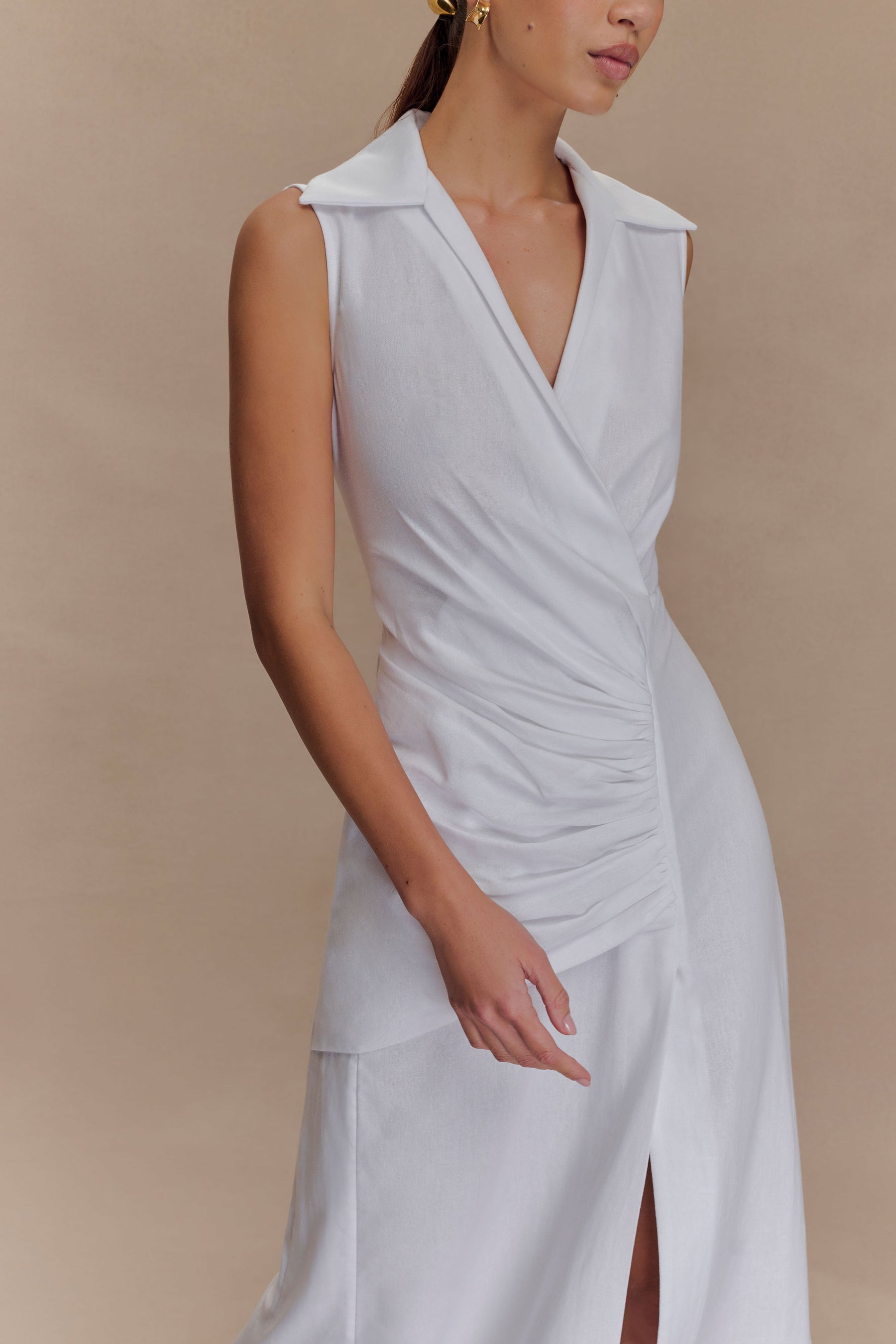 Dante Ruched Linen Midi Dress - White