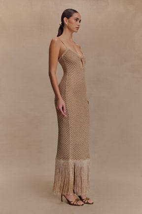 Raelynn Metallic Knit Fringe Midi Dress - Gold