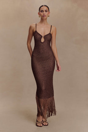 Raelynn Metallic Knit Fringe Midi Dress - Dark Chocolate