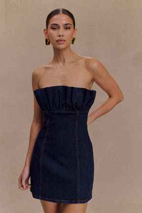 Raesha Frill Denim Mini Dress - Indigo Blue