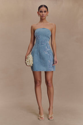 Akira Embroidered Denim Mini Dress - Mid Blue
