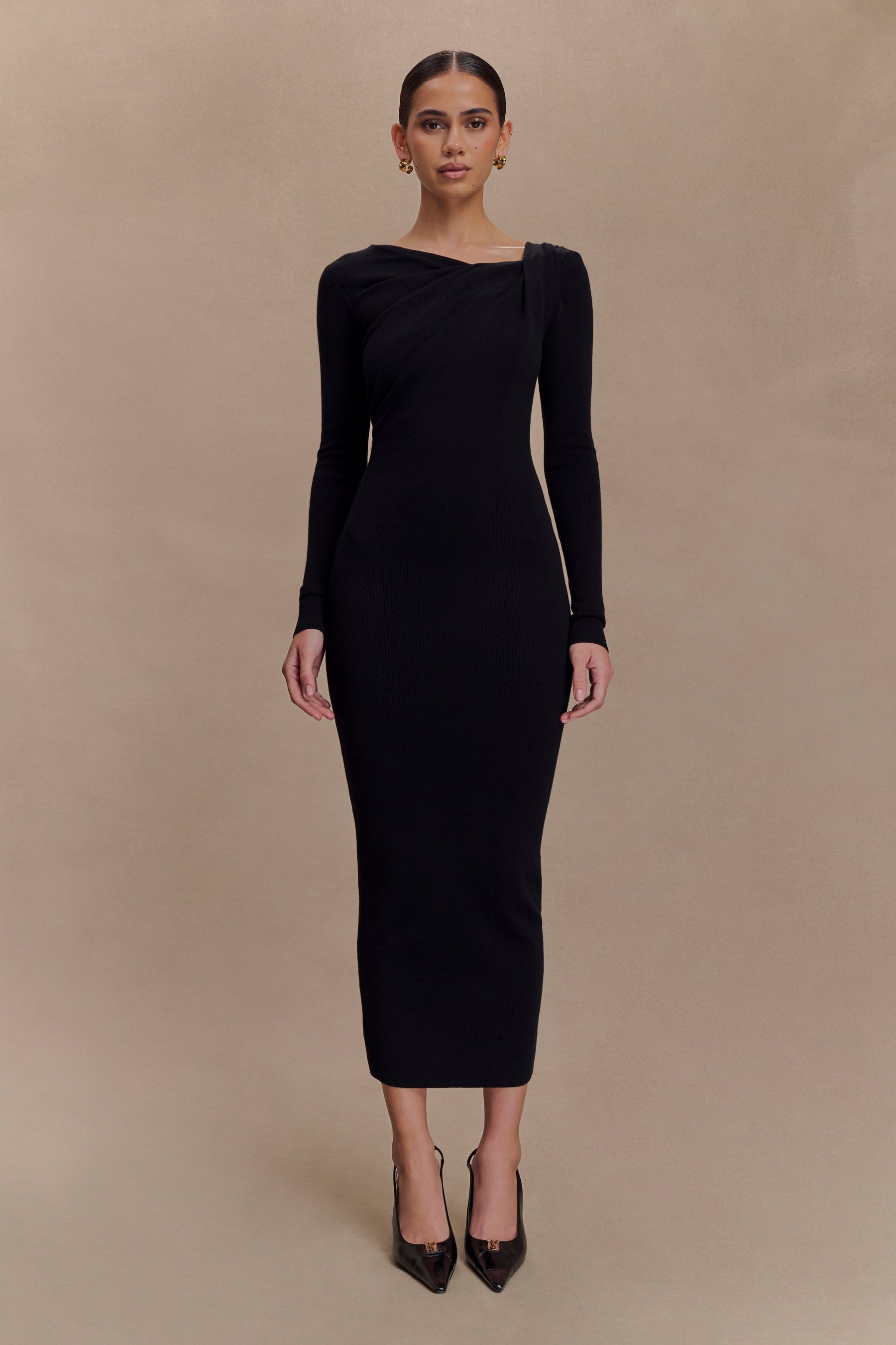 Culver Draped Twist Knit Midi Dress - Black