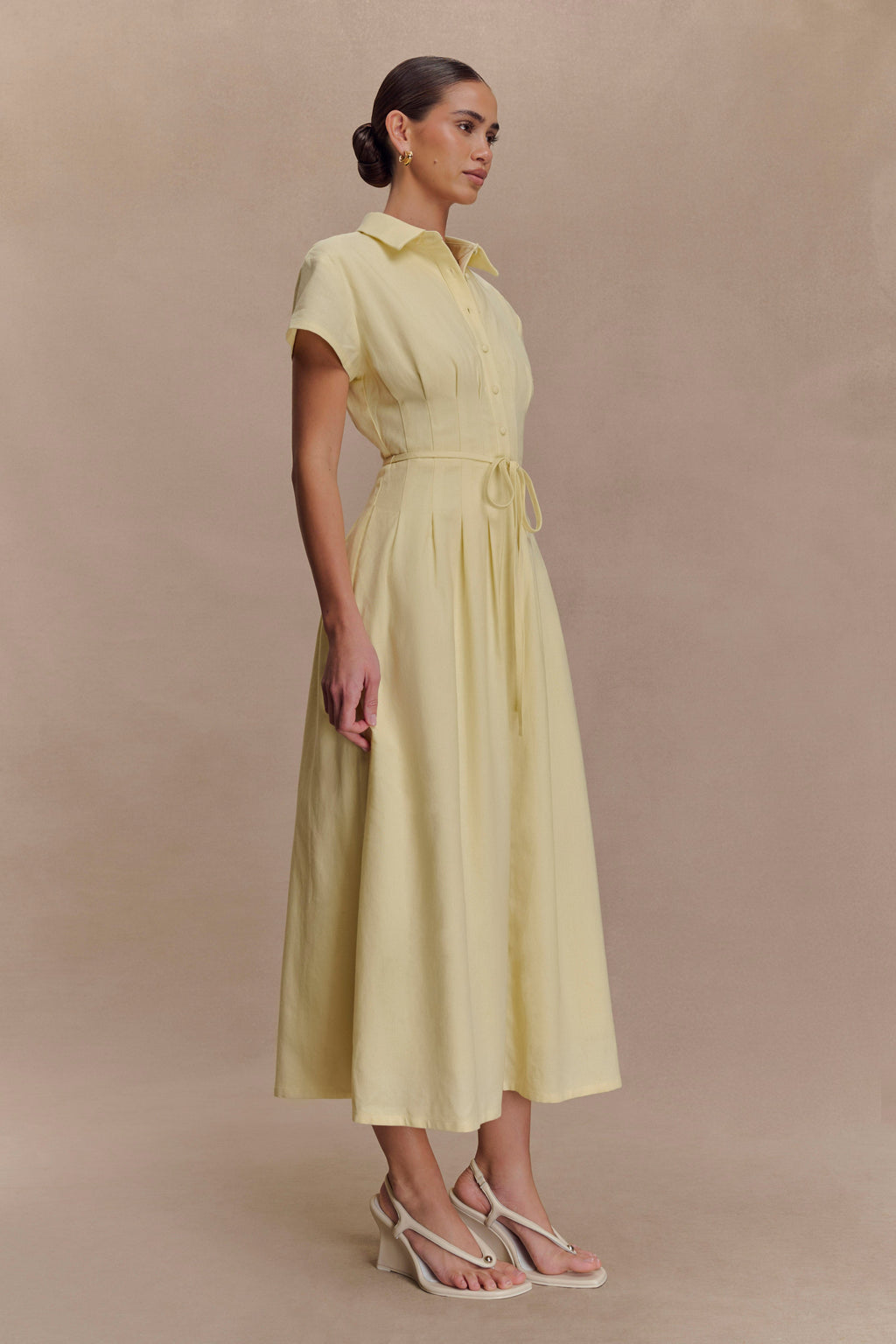 Aysha Buttoned Linen Midi Dress - Lemon