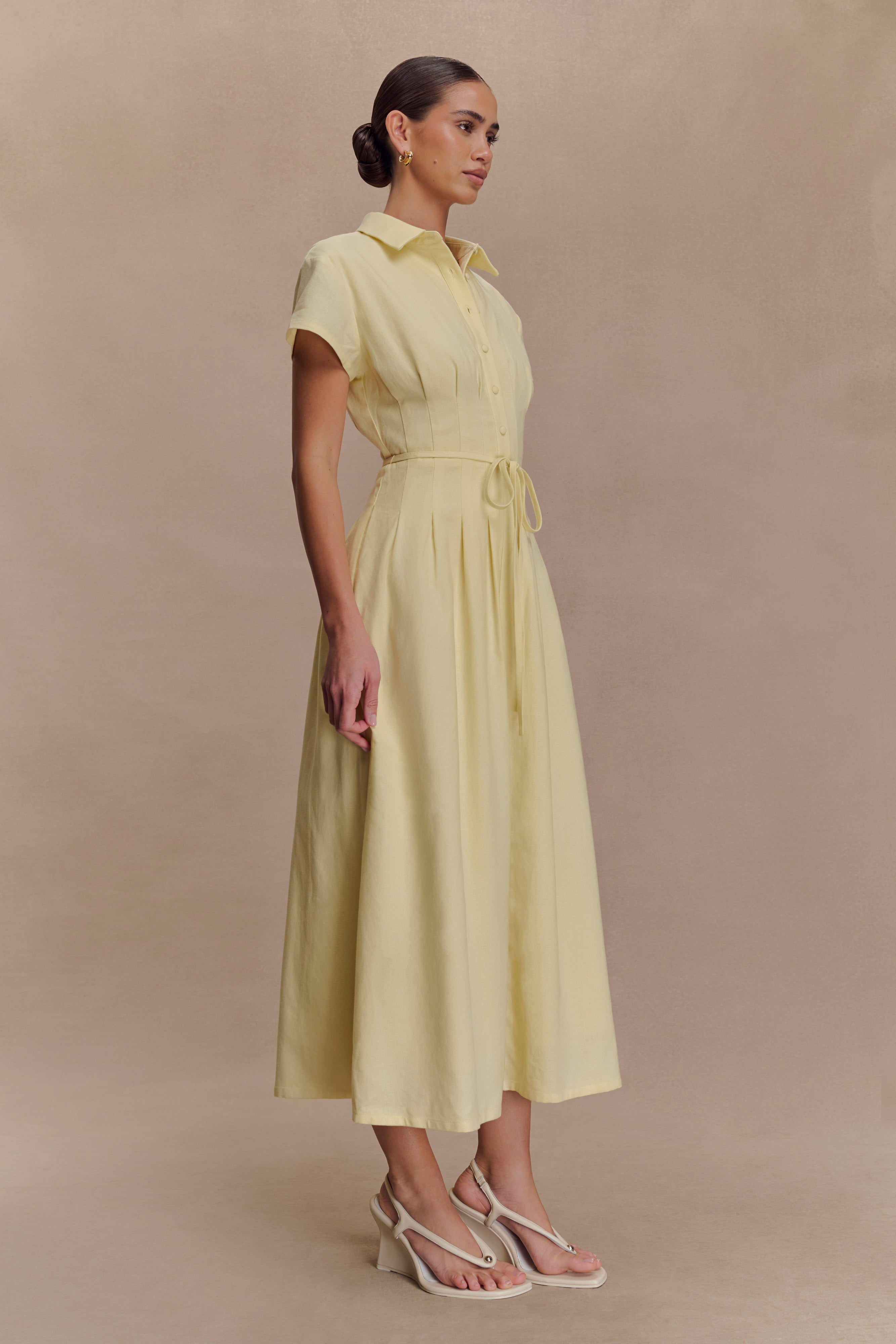 Aysha Buttoned Linen Midi Dress - Lemon