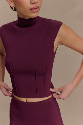 Romaine High Neck Bandage Knit Top - Wine