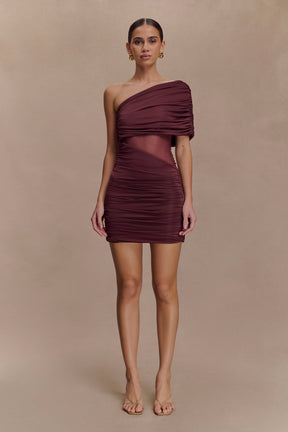Dallas One Shoulder Mesh Mini Dress  - Mahogany