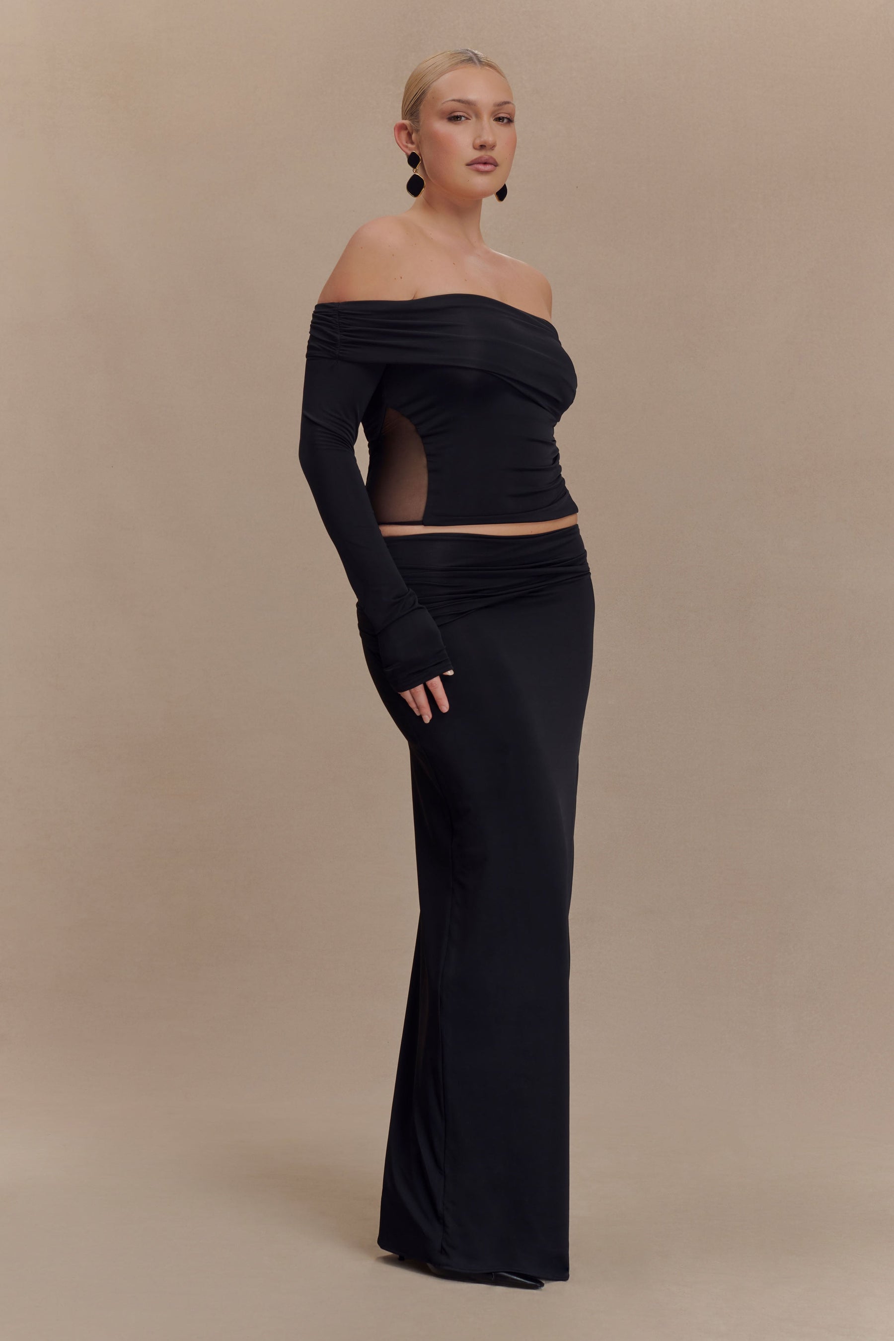 Judy Slinky And Mesh Off Shoulder Top - Black